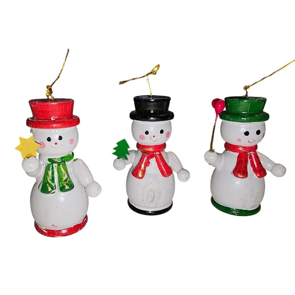 Vintage Set of 3 Hand Painted Wooden Snowman Ornaments Look Red Green Black Hats